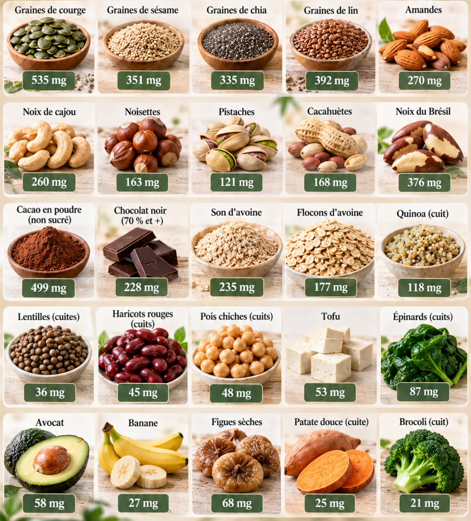 Les aliments riches en magnésium pour améliorer le stress chronique, la fatigue, le réveil nocturne, les crampes, les spasmes