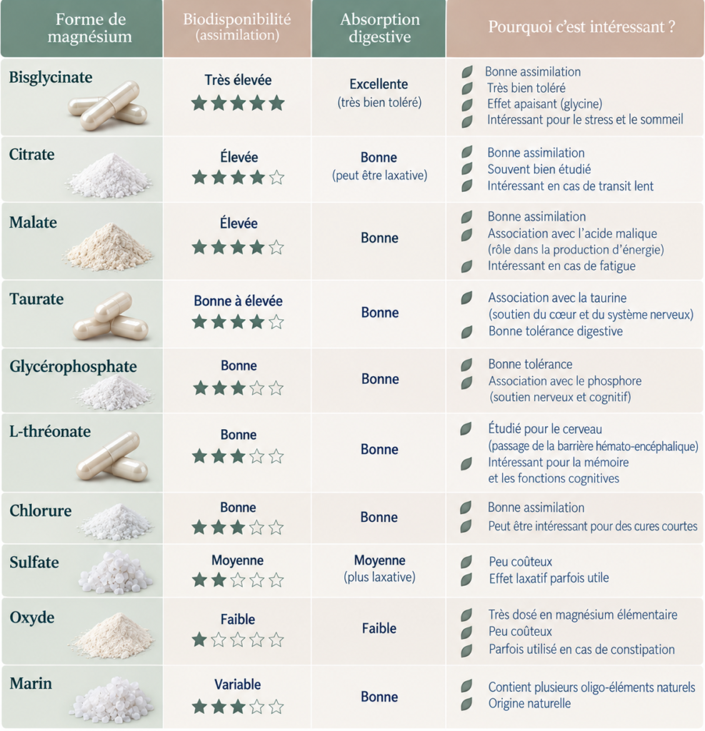 tableau qui représente les différents formes de magnésium et leur absorption. Lequel choisir ?